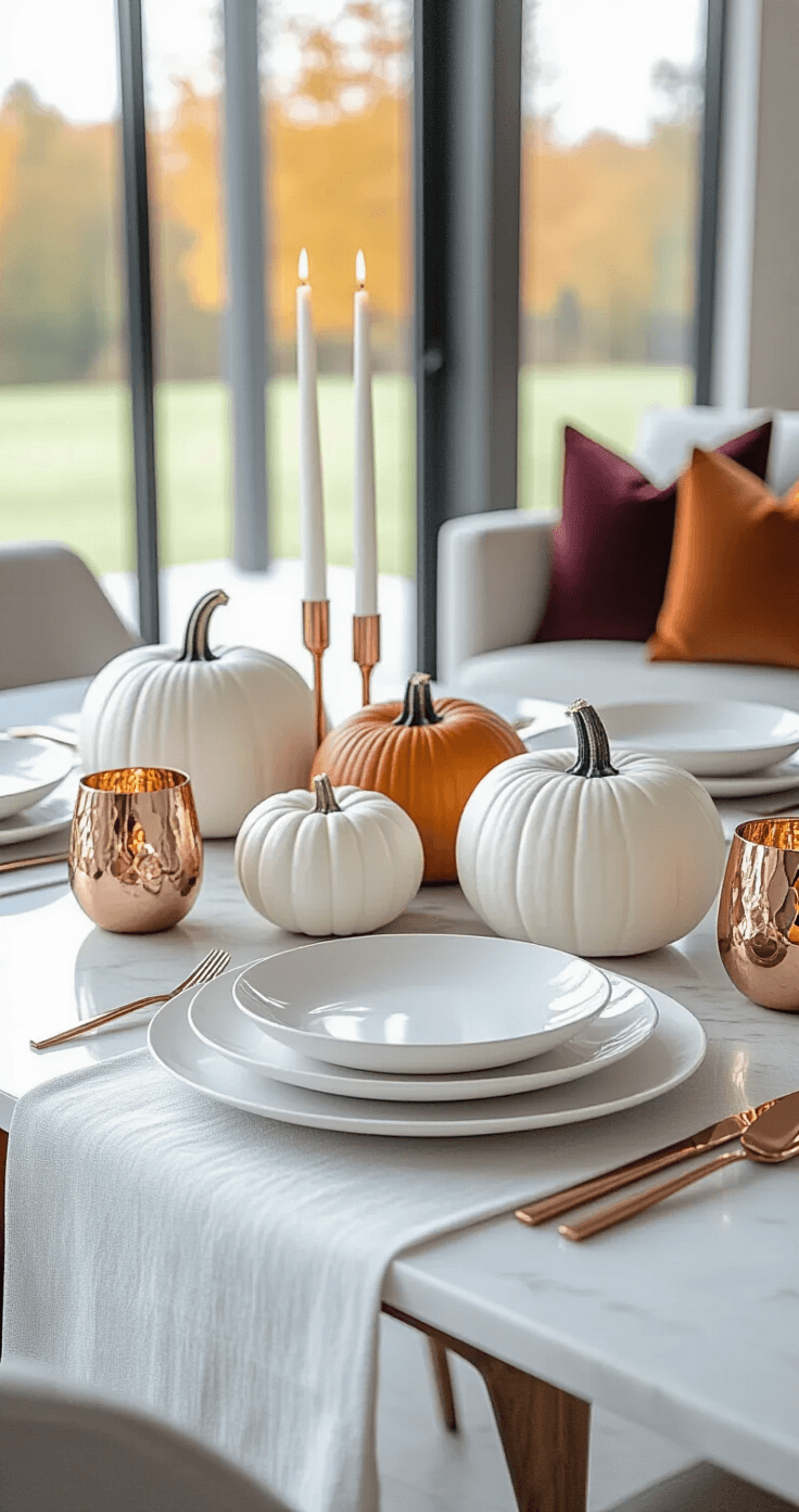 Minimalist Thanksgiving table setting featuring white ceramic plates on a marble surface, a dramatic centerpiece of white pumpkins with silver accents, geometric copper candle holders with taper candles, and mid-century modern chairs, all captured in soft natural light.