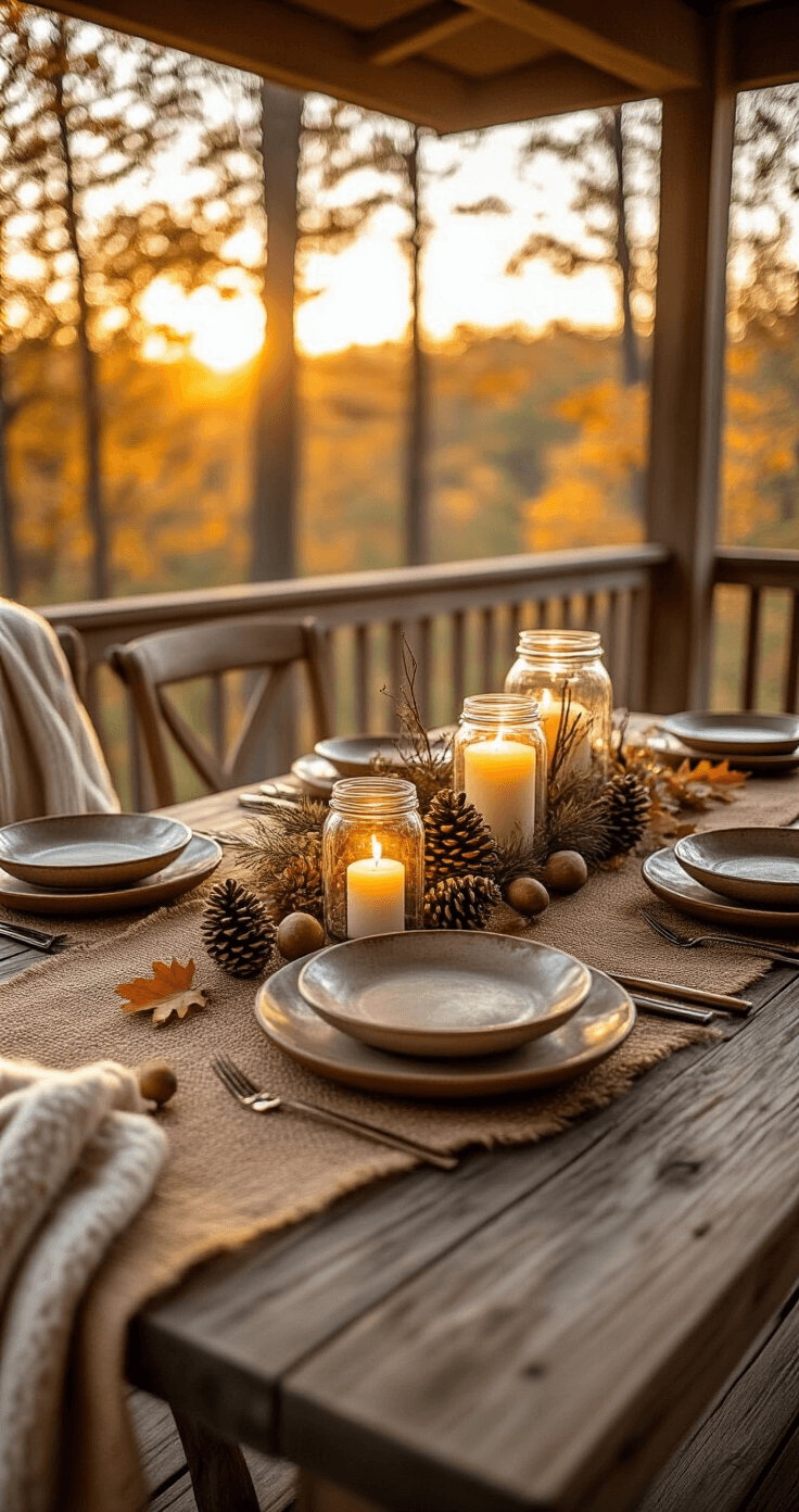 Cozy outdoor Thanksgiving table setting on a rustic wooden deck, bathed in golden afternoon sunlight, featuring a burlap runner, earthy ceramic plates, a natural centerpiece with pinecones and branches, scattered acorns and dried leaves, warm candlelight in mason jars, soft blankets on chair backs, and a distant landscape of autumn trees, all captured in a warm, intimate atmosphere.