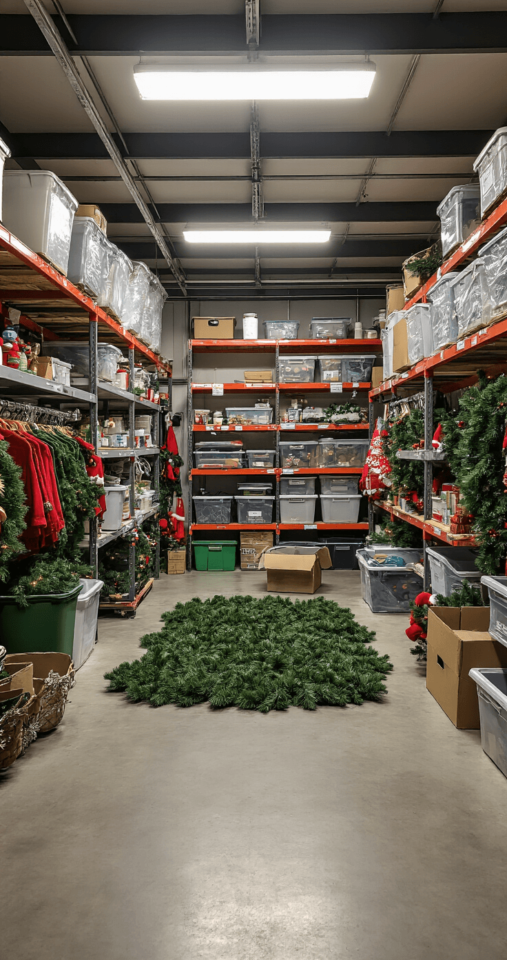A well-organized maintenance station in a garage featuring Christmas decor storage with labeled bins, UV-treated artificial greenery laid out for cleaning, dedicated holiday storage bags, categorized shelving units, cleaning supplies, and a concrete floor displaying holiday decorations under bright fluorescent lighting.