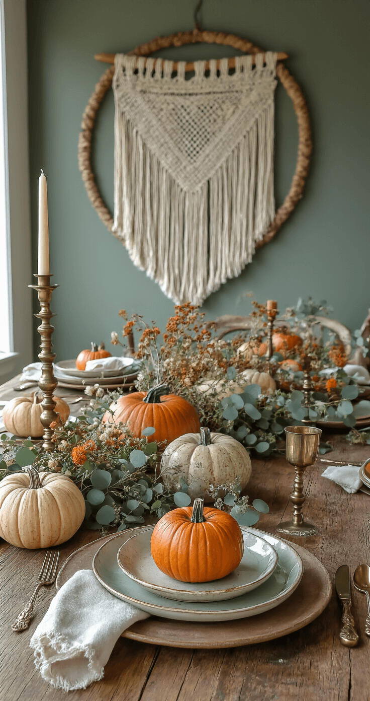 Eclectic bohemian Thanksgiving table setup featuring a vintage wooden farmhouse table, mismatched ceramic plates, hand-painted pumpkins as place card holders, a dried flower and eucalyptus garland, brass and copper accents, a macramé wall piece, and a warm terracotta and deep green color palette, illuminated by soft ambient lighting from a brass candelabra.