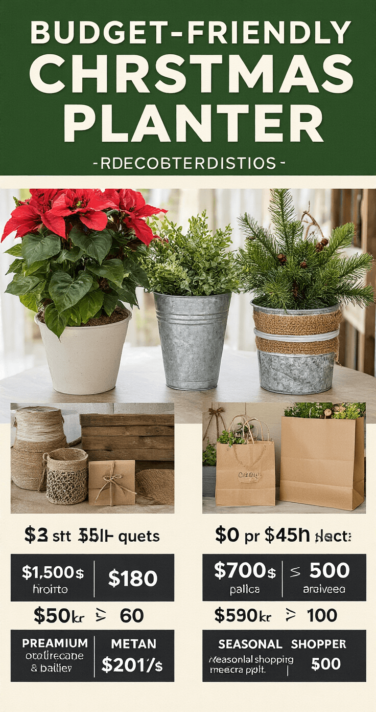 A comparative display of three Christmas planters arranged on an outdoor table in natural daylight, featuring containers made of plastic, ceramic, and metal. Price tags are visible alongside decorative elements reflecting varying quality. Measuring tools and cost breakdown charts are included, with seasonal shopping bags nearby, all set in an educational demonstration atmosphere.