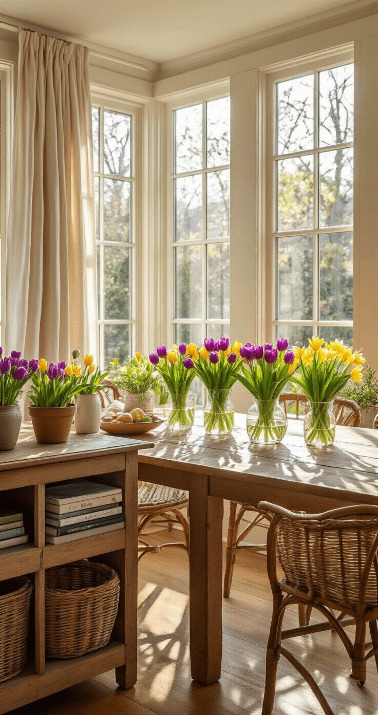 A sunroom filled with natural light, showcasing a wooden dining table adorned with vases of purple tulips, yellow daffodils, and white hyacinths, surrounded by wicker baskets and gardening books, framed by floor-to-ceiling windows that offer a view of the garden.