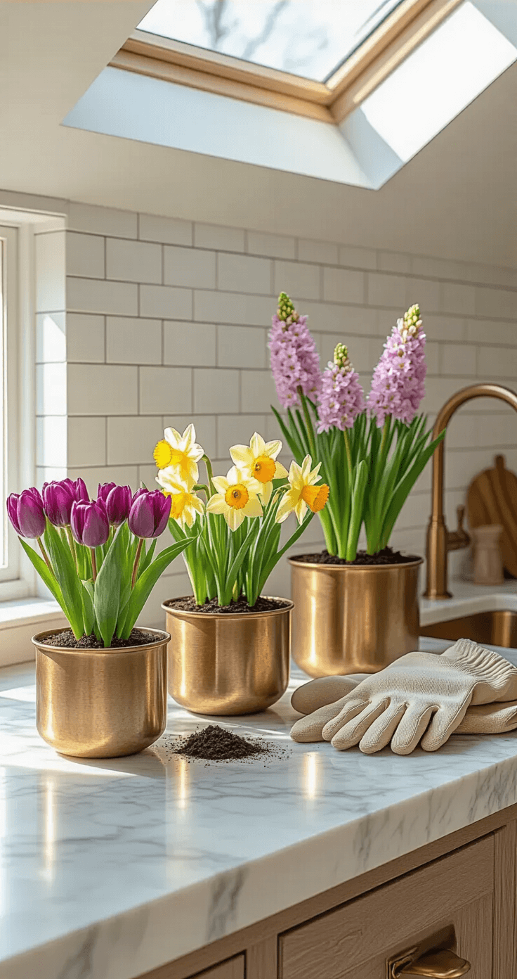Close-up macro shot of an elegant marble kitchen island adorned with antique brass planters holding deep purple tulips, sunny daffodils, and fragrant pink hyacinths in height progression, complemented by a white subway tile backsplash and copper sink. Nearby, gardening gloves and small hand tools rest on fresh soil, all illuminated by warm golden hour lighting that highlights the luxurious textures of marble and brass.