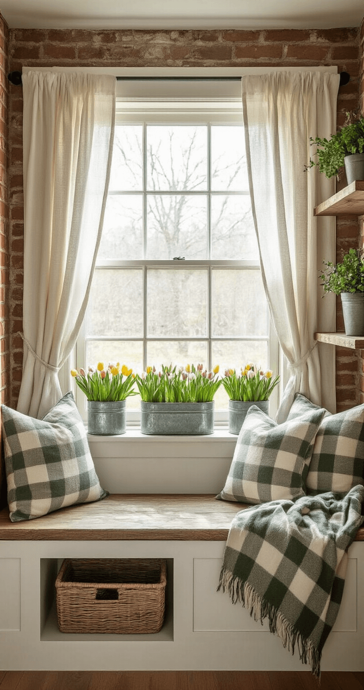 Cozy living room corner featuring a built-in window seat bathed in soft morning light, with a weathered wooden bench adorned with vintage galvanized planters filled with spring bulbs. A plaid wool throw and sage green and cream linen cushions add comfort, against a backdrop of exposed brick walls and potted bulbs on floating shelves, creating a serene reading nook with rustic charm and modern touches.