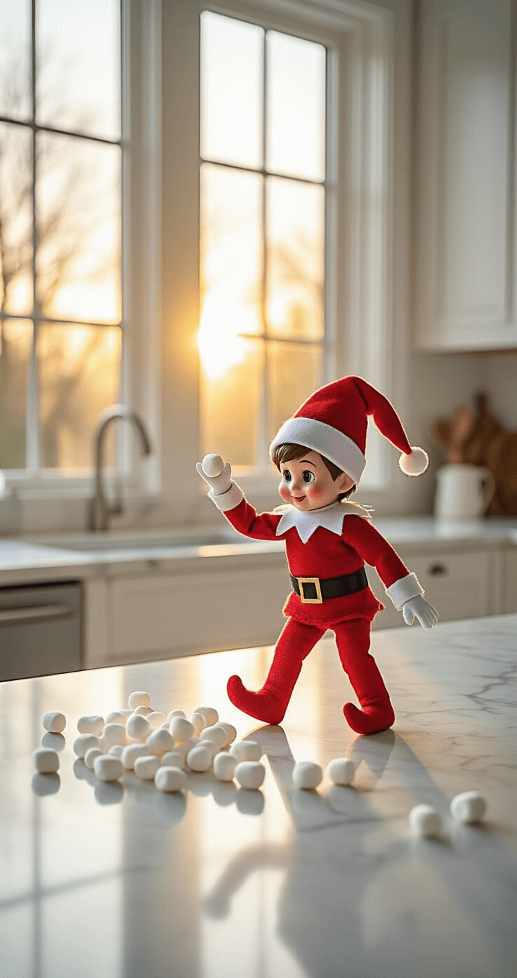 Ultra-detailed modern kitchen at dawn with soft golden light, featuring a white marble countertop scattered with mini marshmallows, and an Elf on the Shelf playfully raising a marshmallow like a snowball, emphasizing clean lines and soft shadows in a whimsical, professional food photography style.