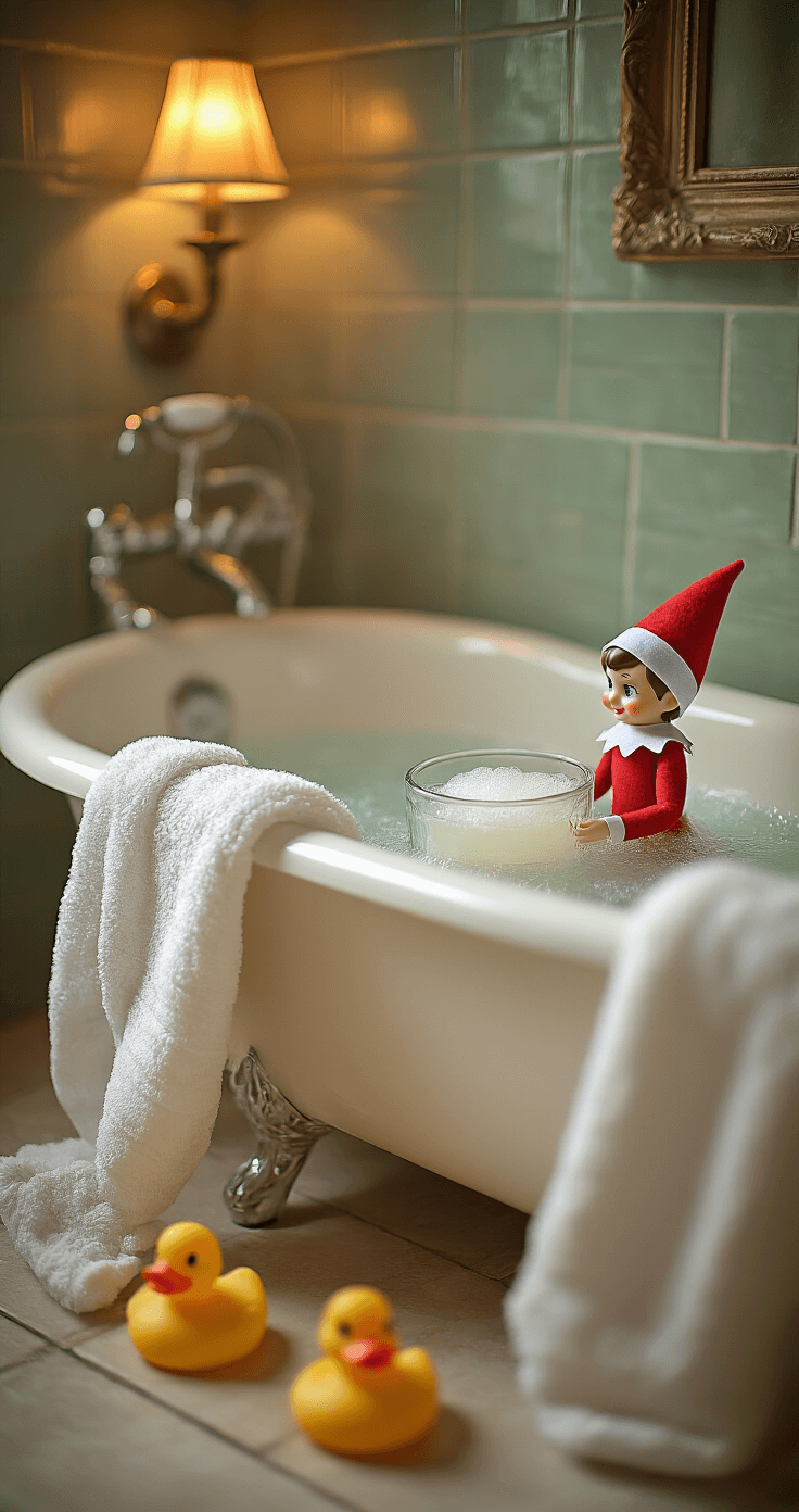 Cozy bathroom with a vintage clawfoot bathtub illuminated by warm amber lighting; an Elf on the Shelf in a glass soap dish amidst bubbles and rubber ducks, complemented by fluffy white towels and a muted sage green tile background, captured in a dreamy close-up perspective.