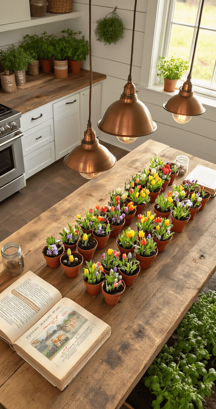 Overhead view of a farmhouse kitchen table bathed in warm golden hour light, featuring an organized bulb planting setup with terra cotta pots, dark potting soil, and colorful bulbs, alongside open vintage gardening books and mason jars with tools, set against white shiplap walls and copper accents, creating an inviting gardening atmosphere.