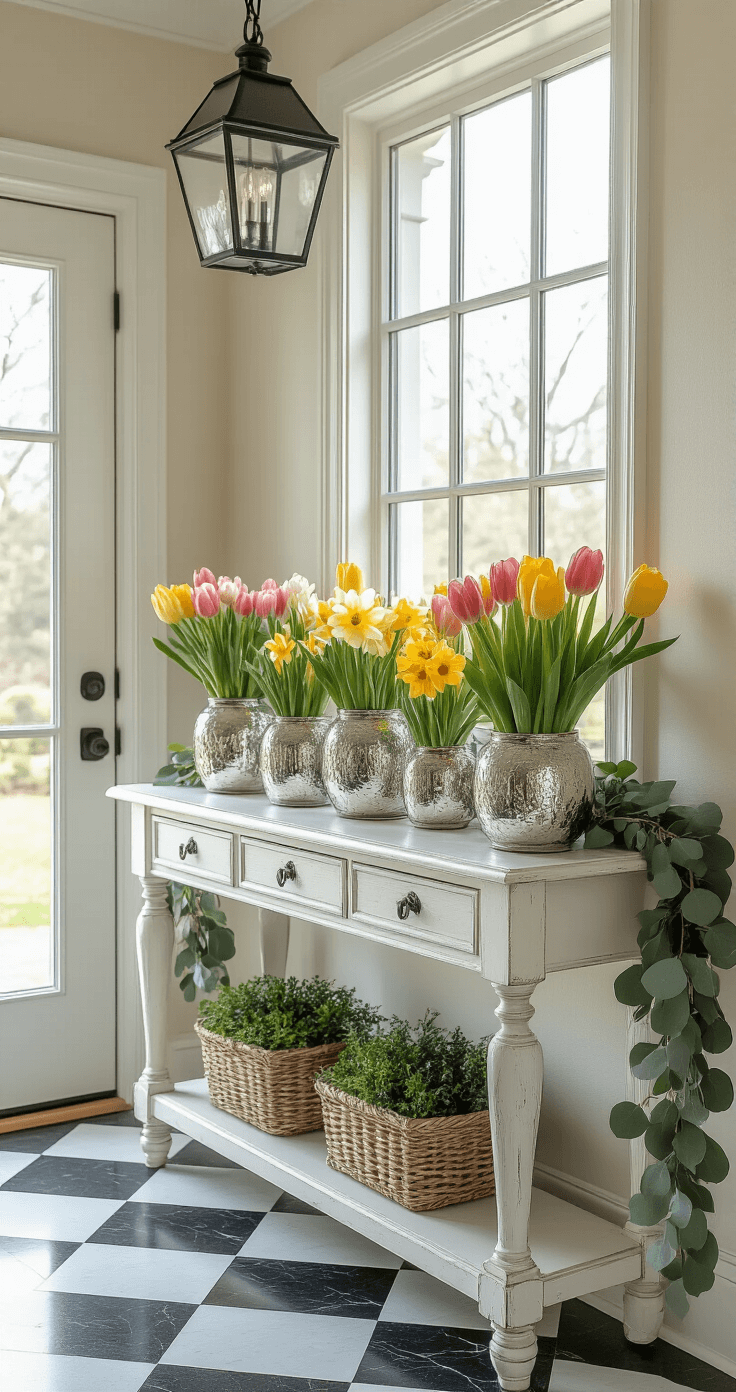 Medium shot of a stylish entryway featuring a distressed white console table adorned with seasonal bulb displays in vintage mercury glass containers, set against a black and white checkered marble floor. Early morning light pours through a transom window, illuminating mixed heights of tulips, daffodils, and crocuses, alongside a hanging lantern and fresh eucalyptus garland, creating an elegant and welcoming atmosphere with a sophisticated spring decor.