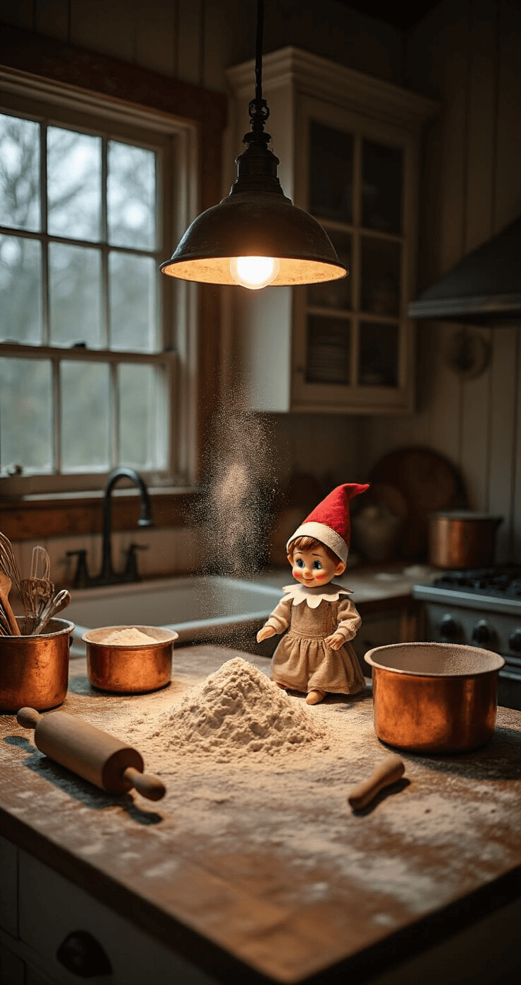 A rustic farmhouse kitchen at midnight illuminated by a single pendant lamp, featuring a flour-dusted wooden countertop adorned with vintage baking tools. An Elf on the Shelf is playfully making a flour angel amidst a delicate, powdery texture, surrounded by copper mixing bowls and an antique rolling pin. The scene is captured from a wide overhead angle, showcasing a nostalgic warm color palette of cream and burnt sienna.