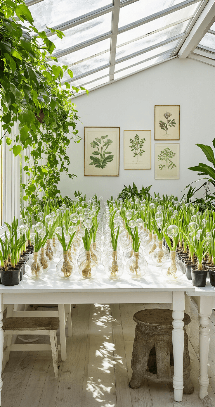 A bright conservatory room filled with white-painted wooden tables showcasing a bulb forcing operation, featuring glass vases with bulbs at different growth stages. The space is adorned with vintage botanical prints, hanging ivy, and rustic garden stools, all illuminated by diffused morning light from the glass roof, creating an airy atmosphere with cool whites and greens complemented by warm wood accents.