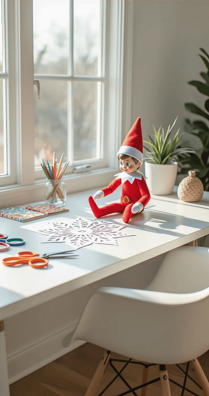 A minimalist home office workspace bathed in soft morning light, featuring a crisp white desk, a mid-century modern chair, and an Elf on the Shelf intricately crafting paper snowflakes with scissors and colored paper, showcasing a blend of creative chaos and clean geometric lines.