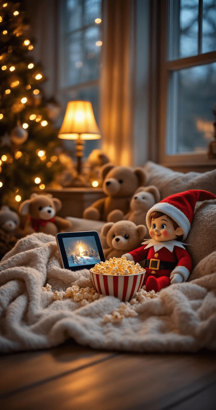 A cozy holiday living room at twilight, featuring a warm lamp glow and a miniature movie night setup with a tablet, popcorn bowl, and a soft blanket. An Elf on the Shelf is nestled among plush stuffed animals, with a softly twinkling Christmas tree in the background and vintage wooden flooring, highlighting the intimate details of the scene.