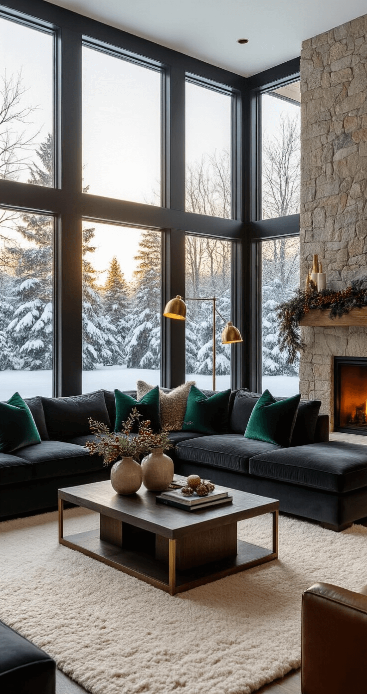 Luxury living room at golden hour with floor-to-ceiling windows showcasing a snow-covered garden; features a charcoal velvet sectional, emerald throw pillows, stone fireplace, dark walnut coffee table with winter botanicals, cream wool rug, brass floor lamps, and holly branches on the mantel, highlighting rich textures and layered depth.