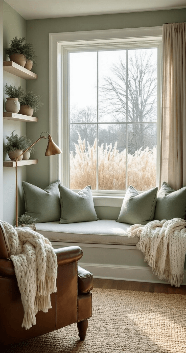 A cozy reading nook with a window seat filled with sage green cushions and ivory throws, surrounded by floating shelves with ceramic planters. The nook features a leather armchair, brass lamp, jute rug, and blue-gray walls, all illuminated by soft morning light.