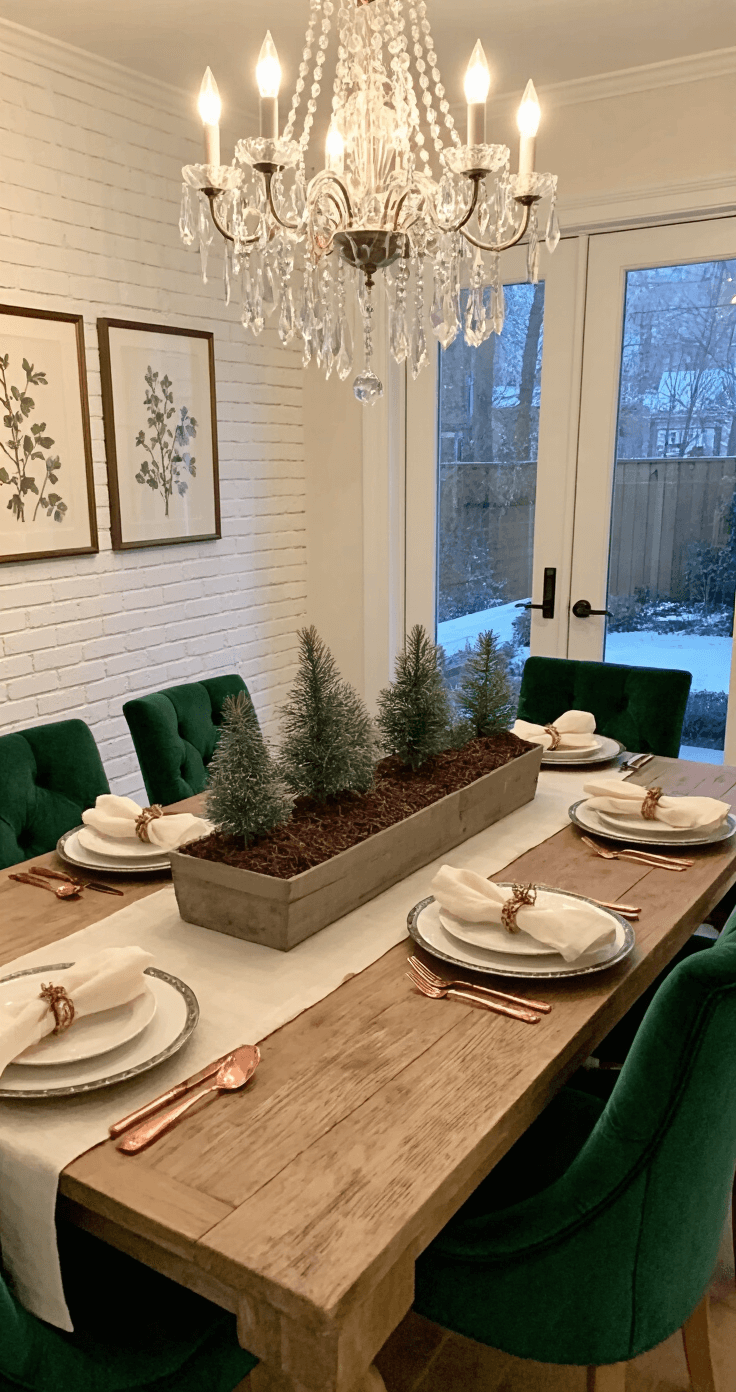 An elegant dining room at twilight with a crystal chandelier, reclaimed oak table, forest green velvet chairs, winter mulch planters with miniature spruces, botanical prints on a whitewashed brick wall, copper serving pieces, and a cream linen runner on pewter chargers, with French doors opening to a snowy patio.