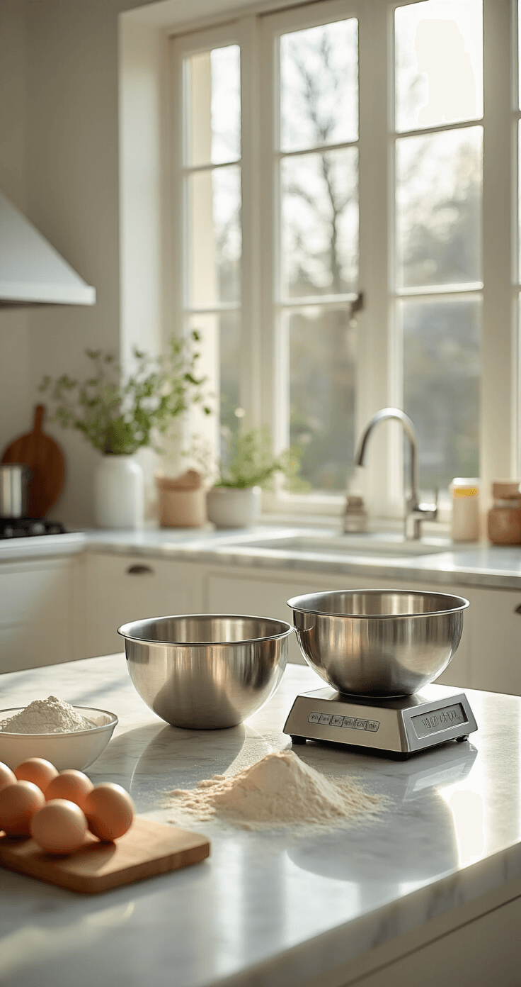 Cinematographic image of a pristine modern kitchen with soft morning light, featuring a marble-top kitchen island, polished stainless steel mixing bowls, a digital kitchen scale weighing flour, and scattered baking ingredients like fresh eggs and organic butter, all set in a minimalist color palette of warm whites and light grays.