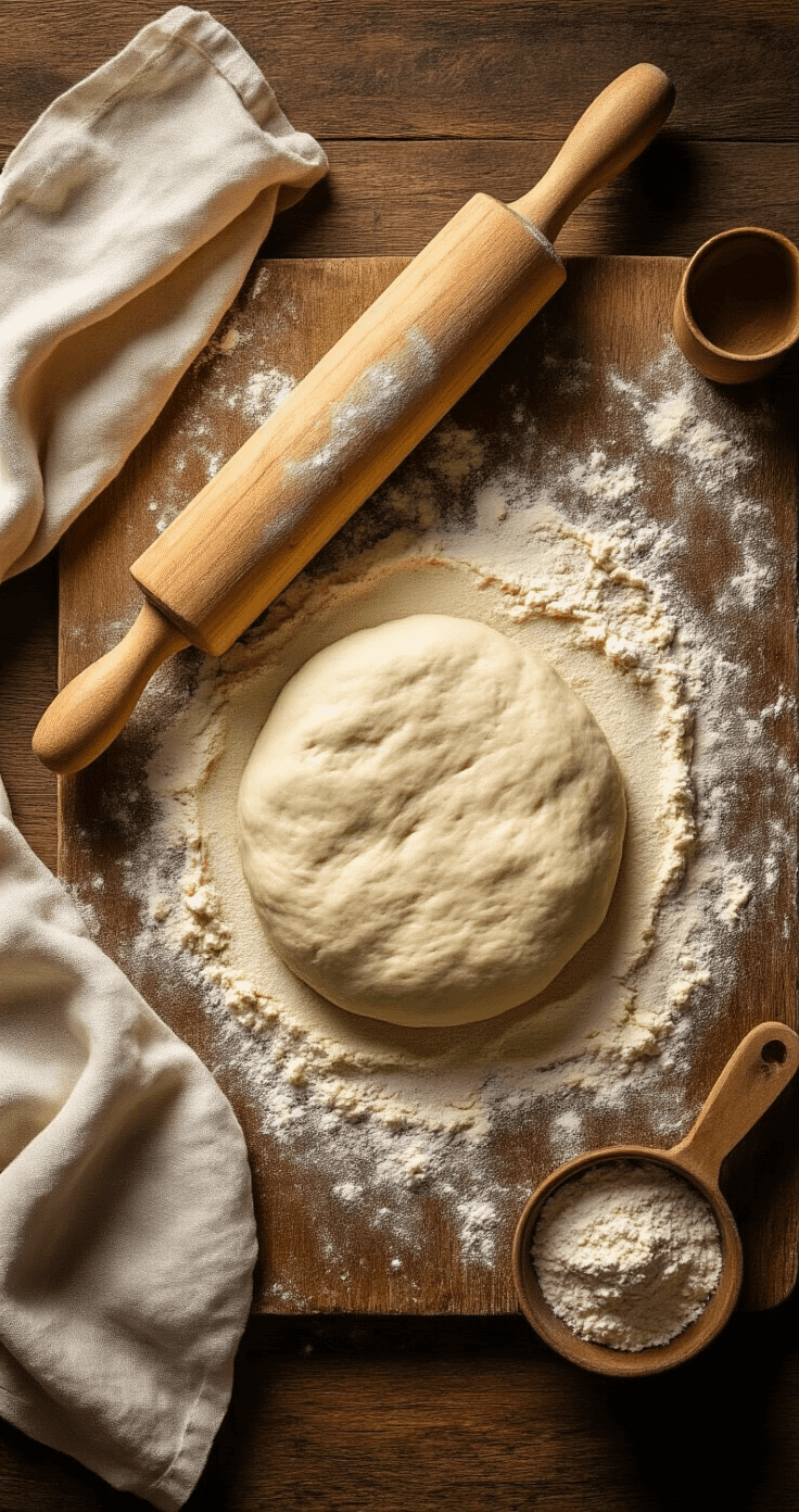 Overhead view of a rustic wooden baking workspace featuring a vintage French-style rolling pin, fresh artisan bread dough being rolled out, flour scattered across the surface, and soft side lighting creating shadows on unbleached linen kitchen towels, all in a warm amber and cream color palette.