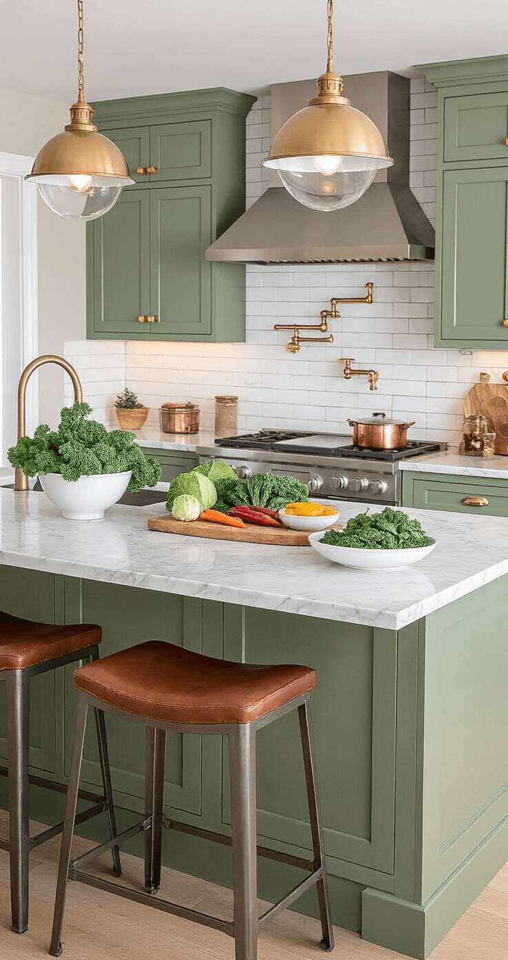 A modern winter-themed kitchen island featuring a marble countertop adorned with fresh kale and winter vegetables, stylish sage green cabinets with brass hardware, butcher block cutting boards displaying seasonal produce, ceramic bowls with Swiss chard and cabbage, industrial bar stools with leather seats, and a subway tile backsplash reflecting warm task lighting, complemented by copper cookware.