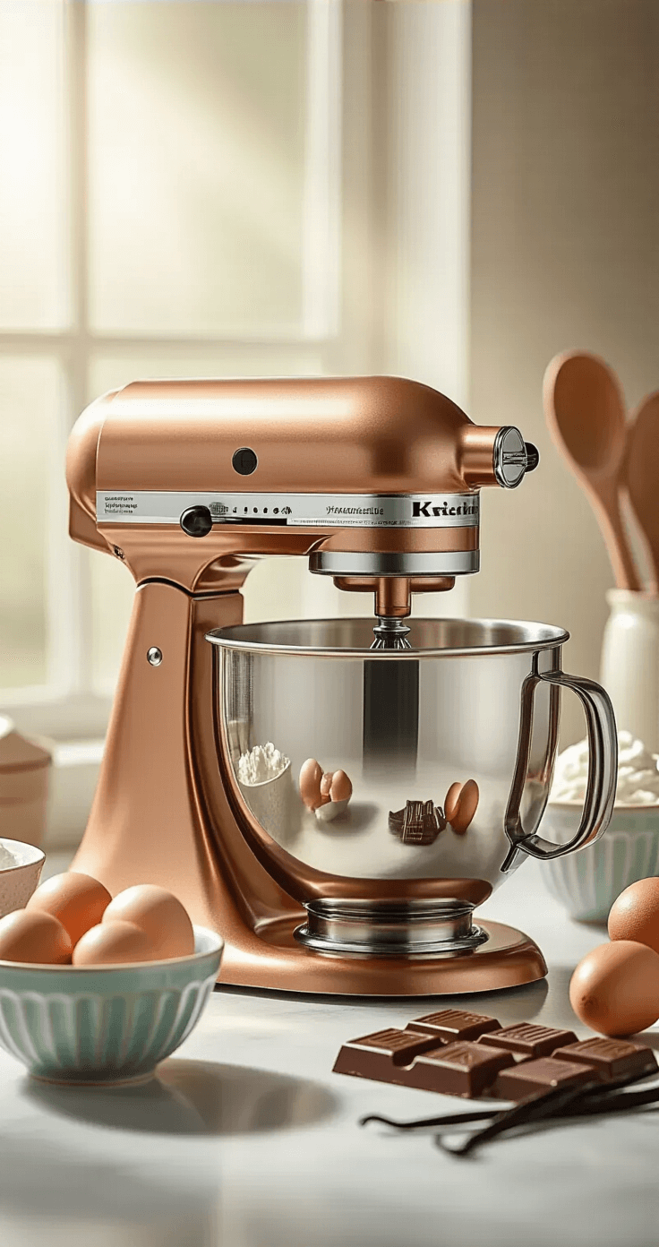 A professional food photography scene featuring a stainless steel stand mixer with copper accents, surrounded by vintage ceramic bowls filled with fresh eggs, premium chocolate, and vanilla beans, all illuminated by soft diffused lighting to enhance the elegant presentation and culinary precision.