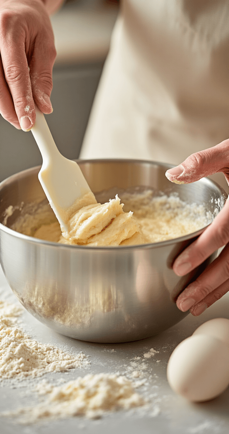 Close-up of a baker's hands using a silicone spatula to scrape cake batter from a stainless steel mixing bowl, with warm backlighting highlighting the texture of the batter and focusing on the craftsmanship of baking preparation.