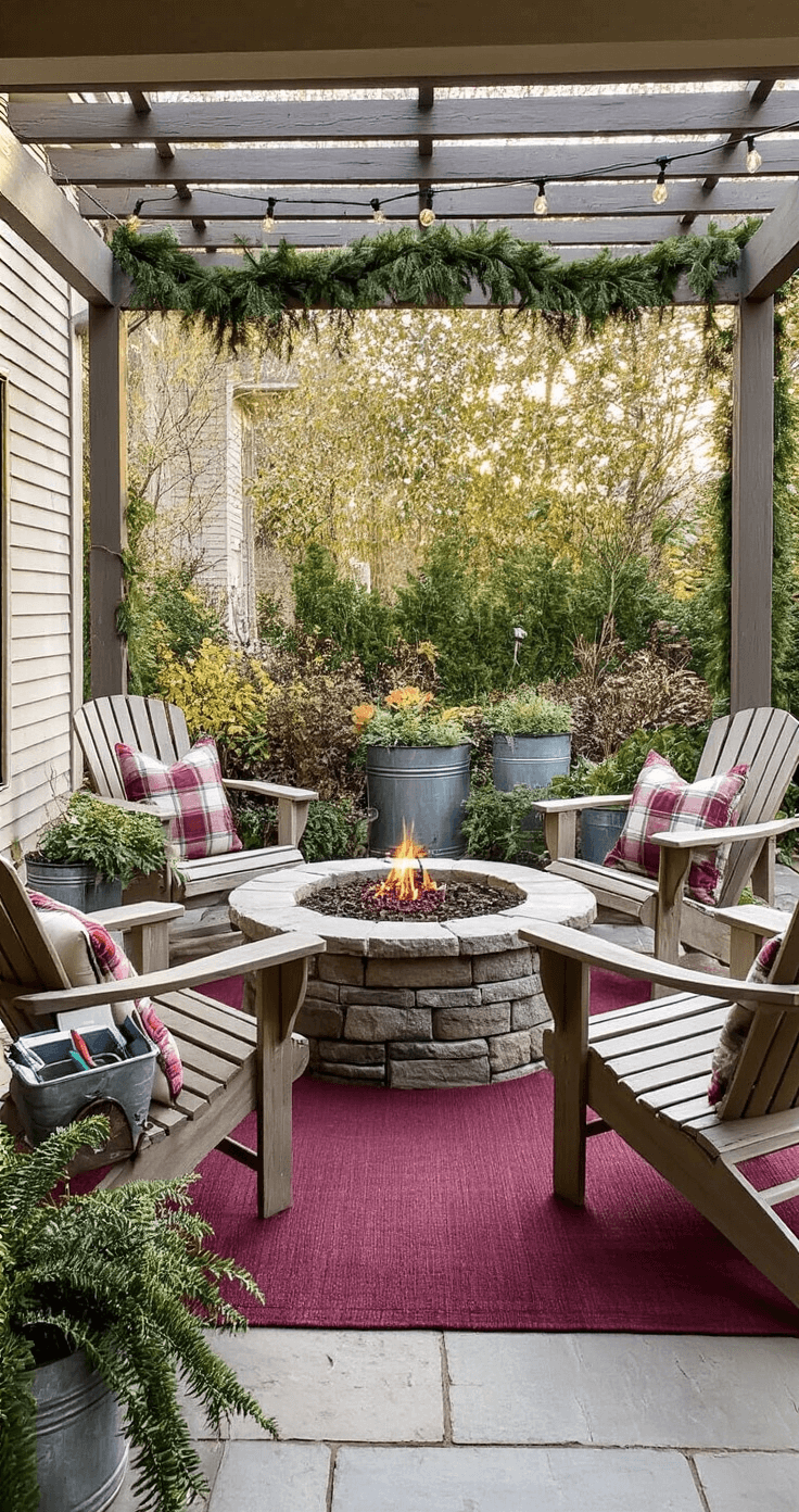A cozy covered patio workspace features weathered teak furniture and a stone fire pit, surrounded by Adirondack chairs with plaid cushions. Galvanized planters hold dormant perennials, while string lights create a warm glow. A deep burgundy outdoor rug defines the seating area, complemented by a tool caddy and garden journals for planning, with evergreen garland adorning the pergola beams.