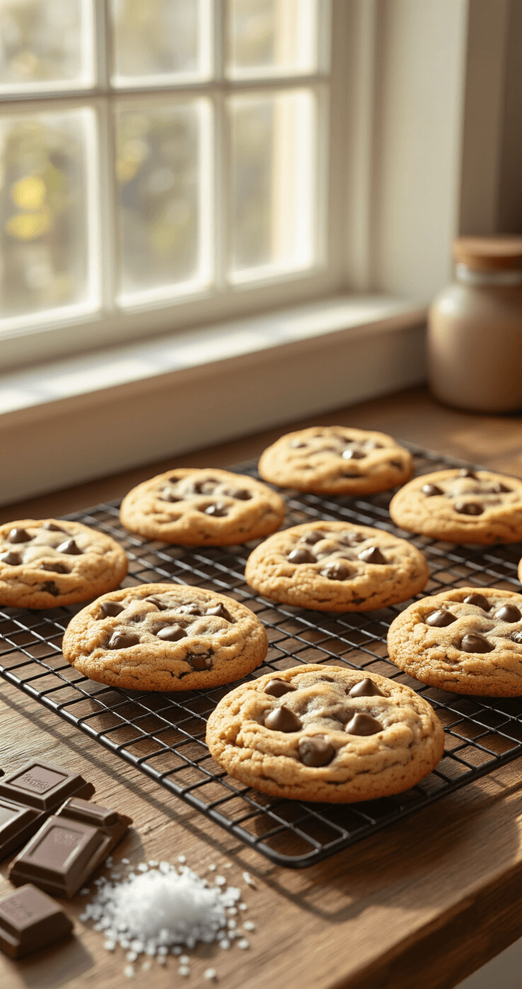 Atmospheric kitchen scene featuring multiple cooling racks of freshly baked chocolate chip cookies on a reclaimed wood surface, with soft window light casting gentle shadows. Surrounding ingredients include Valrhona chocolate, Maldon sea salt, and Madagascar vanilla beans, creating a warm color palette of rich browns and soft creams.