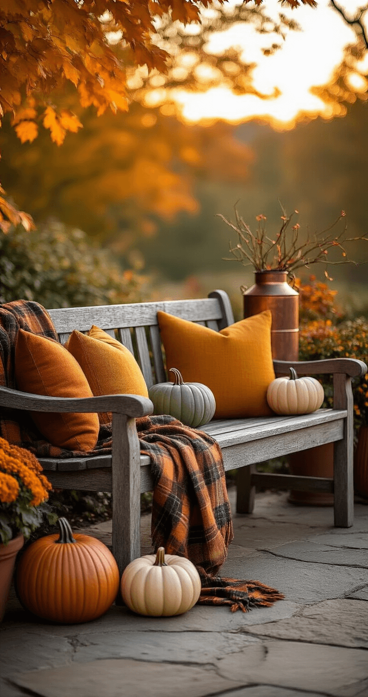 An ultra-detailed autumn outdoor scene featuring a weathered wooden bench adorned with burnt orange and mustard yellow cushions, a plaid wool throw, and three faux pumpkins in blush, sage green, and cream. A vintage copper milk can with dried branches sits nearby, alongside a terracotta planter with ornamental kale. A battery-operated lantern emits a warm glow, with soft backlighting highlighting the textures of the scene, while the background is softly blurred. Captured in 8k resolution with a Nikon D850 during golden hour.