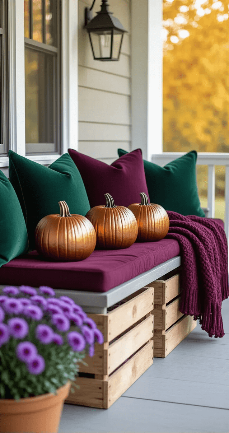 A cozy fall-themed bench on a covered porch, adorned with jewel-toned cushions in burgundy and emerald green, a deep plum chunky knit throw, and metallic copper pumpkins. Vintage wooden crates serve as asymmetrical risers beside the bench, accompanied by potted purple asters, all bathed in soft morning light that highlights the intricate textures and warm ambiance, captured with cinematic depth of field.