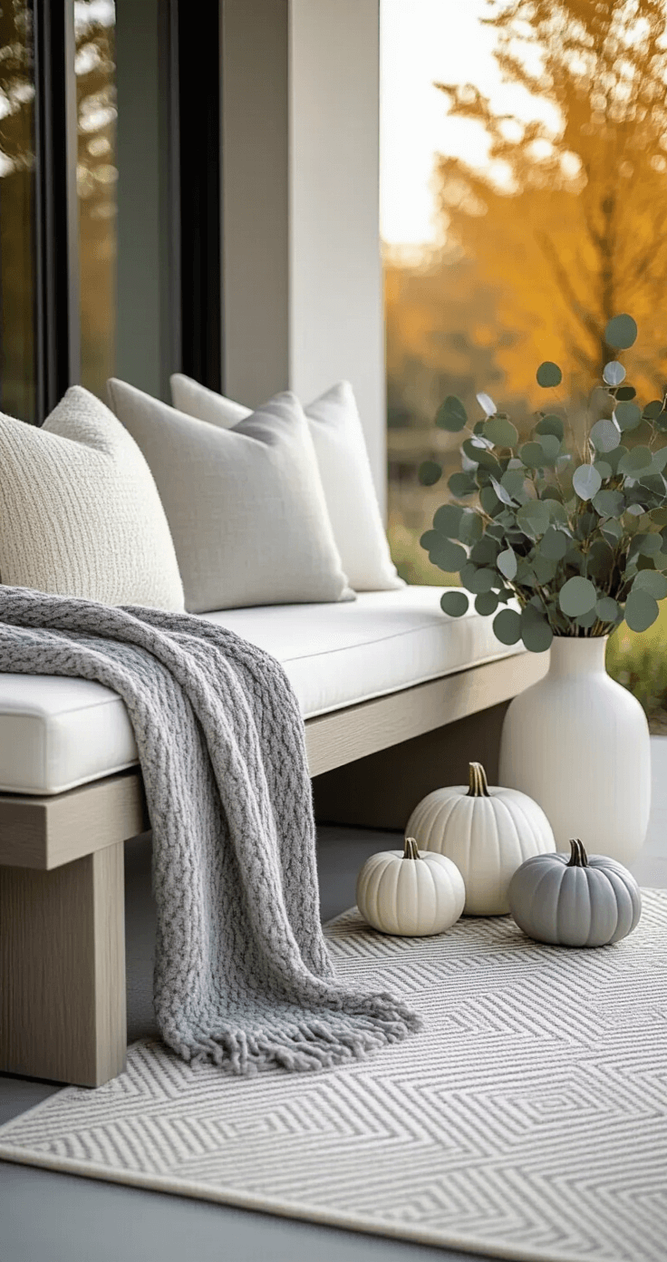Modern minimalist fall bench on a concrete patio, adorned with neutral cushions, a gray knitted throw, and decorative pumpkins, accented by eucalyptus in a white vase, with a muted geometric rug underneath and soft morning light creating gentle shadows.