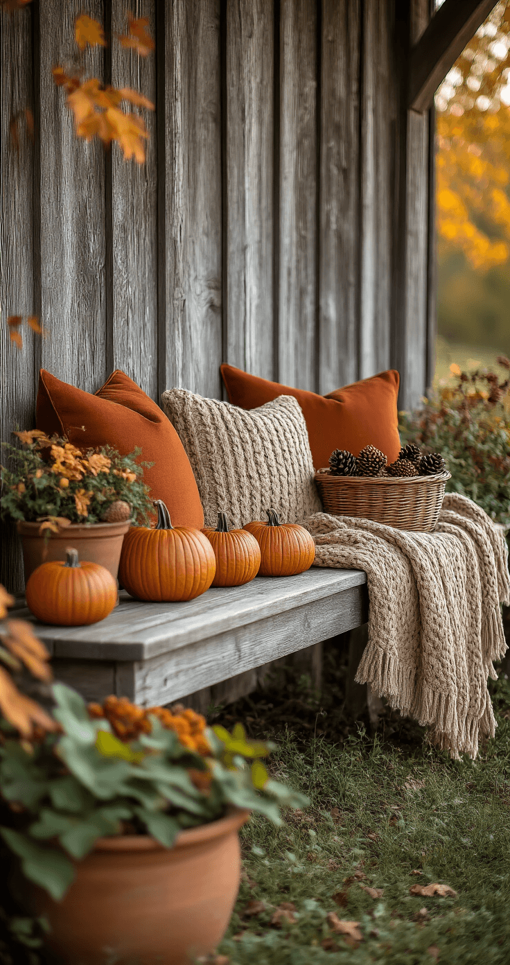 Rustic outdoor bench adorned with deep rust-colored cushions and a thick cable-knit throw, surrounded by a mix of real and faux pumpkins, a vintage basket of pinecones and acorns, and a potted ornamental cabbage, set against a weathered barn wood wall, under soft golden late afternoon light with a slightly overgrown garden in the background.