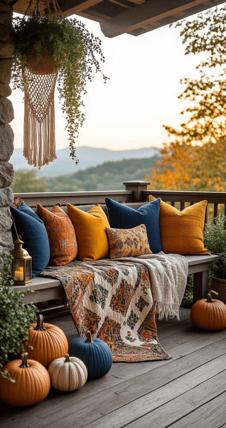 A cozy Bohemian-inspired outdoor bench adorned with eclectic cushions in burnt sienna, deep indigo, and mustard yellow, draped with a kantha quilt and surrounded by handcrafted fabric pumpkins. A macrame plant hanger holds trailing plants nearby, while vintage brass lanterns add warmth in the early evening light. The scene is set on a wooden deck with natural stone accents, captured in rich, saturated colors with a soft atmospheric haze and wide depth of field.