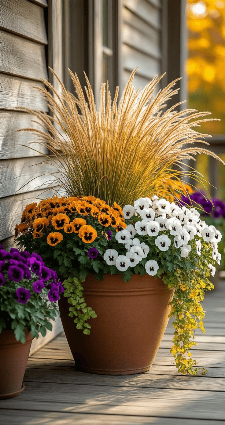 A beautifully staged autumn container garden on a rustic wooden porch, featuring a large terracotta pot with purple fountain grass, surrounded by white pansies and trailing golden creeping jenny, all illuminated by golden afternoon light, with a soft focus of a New England farmhouse in the background.