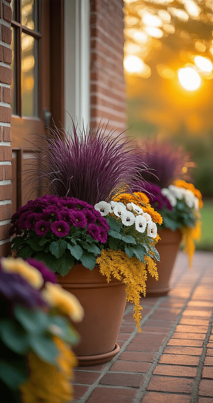 Rustic farmhouse front entry with three symmetrically arranged fall containers in warm afternoon sunlight. Center container features purple fountain grass, burgundy mums, white pansies, and ornamental kale, with golden creeping jenny spilling from terracotta pots. Soft-focus background shows a weathered wooden door and brick pathway, highlighting intricate plant layering and design depth.