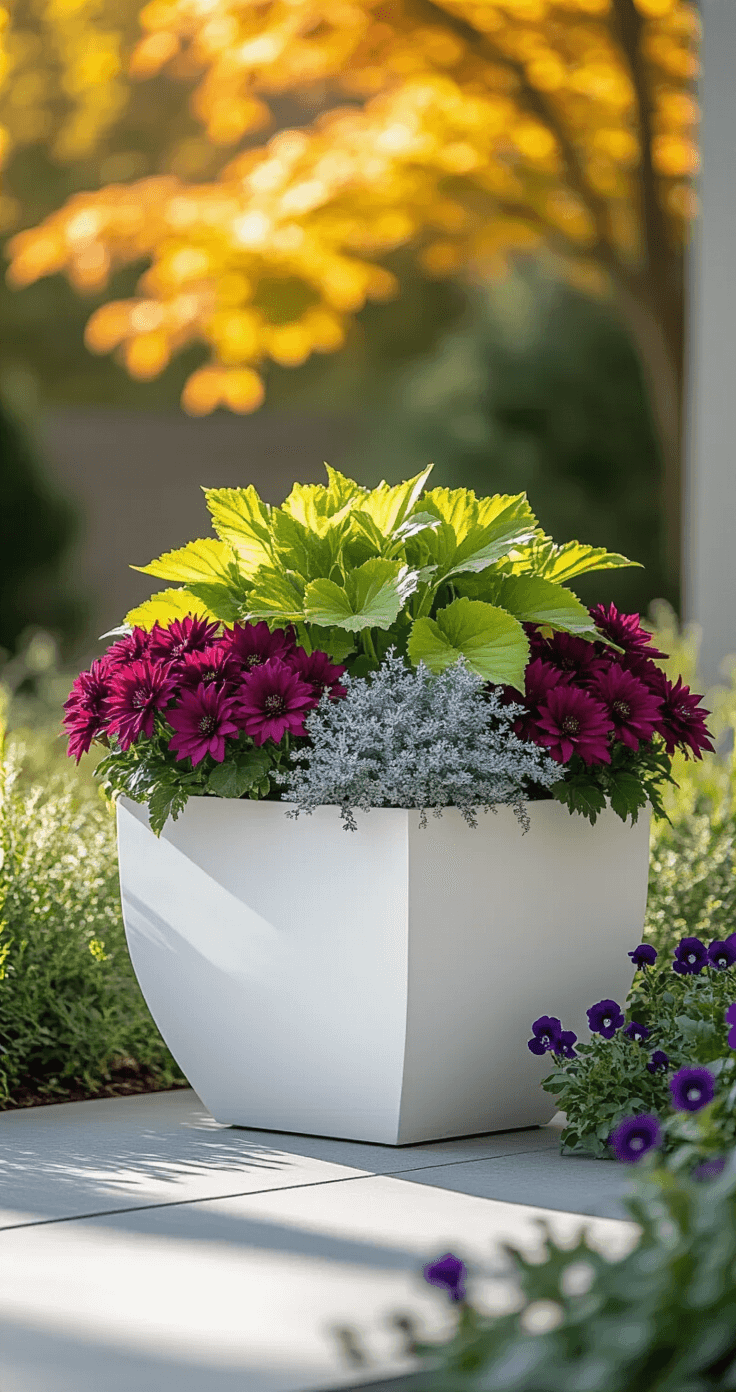 Sophisticated fall container design featuring lime heuchera in a white geometric planter, surrounded by burgundy mums and dusty miller, with trailing purple violas on a minimalist concrete patio in autumn light.