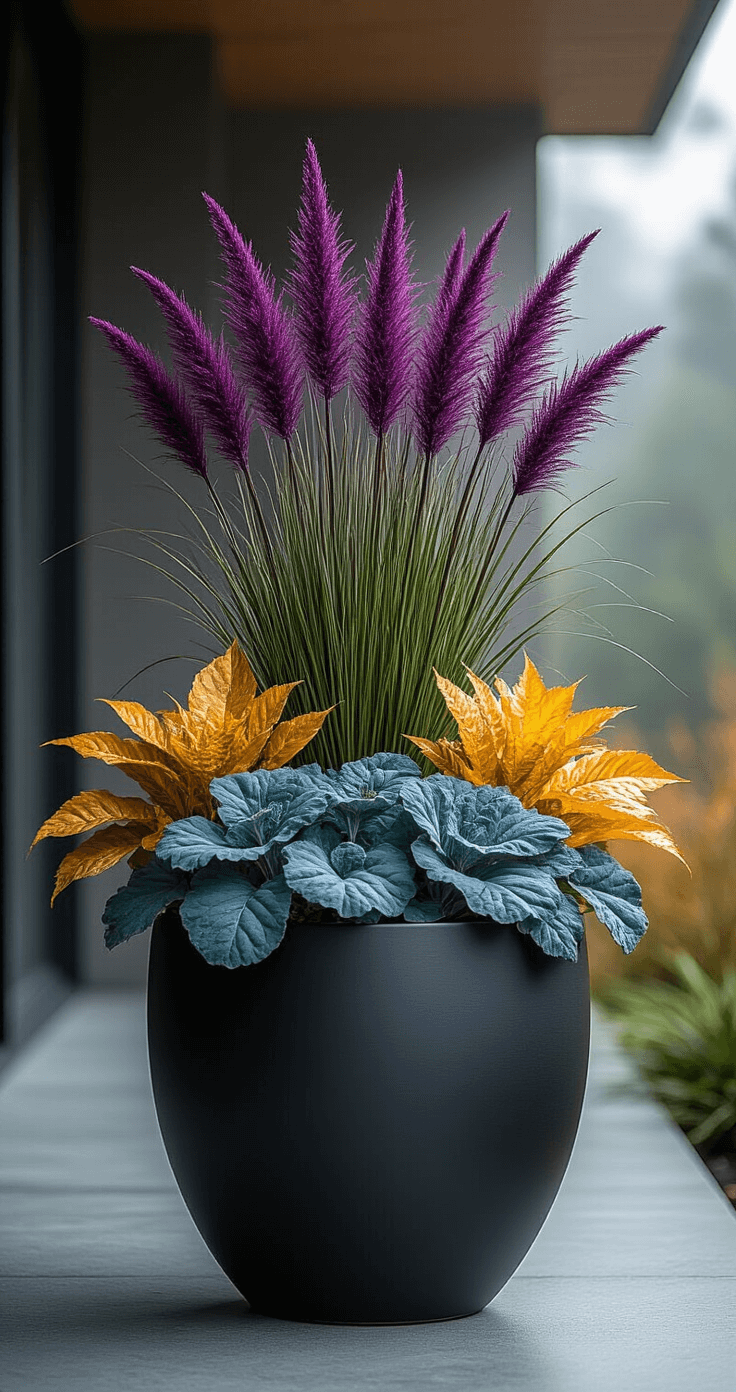 An elegant contemporary arrangement features ornamental purple fountain grass in a matte black ceramic pot, bordered by silvery-blue ornamental cabbage and golden Swiss chard with vibrant stems, set on a minimalist concrete patio shrouded in soft morning fog, shot from a low angle to highlight the architectural structure of the plants.