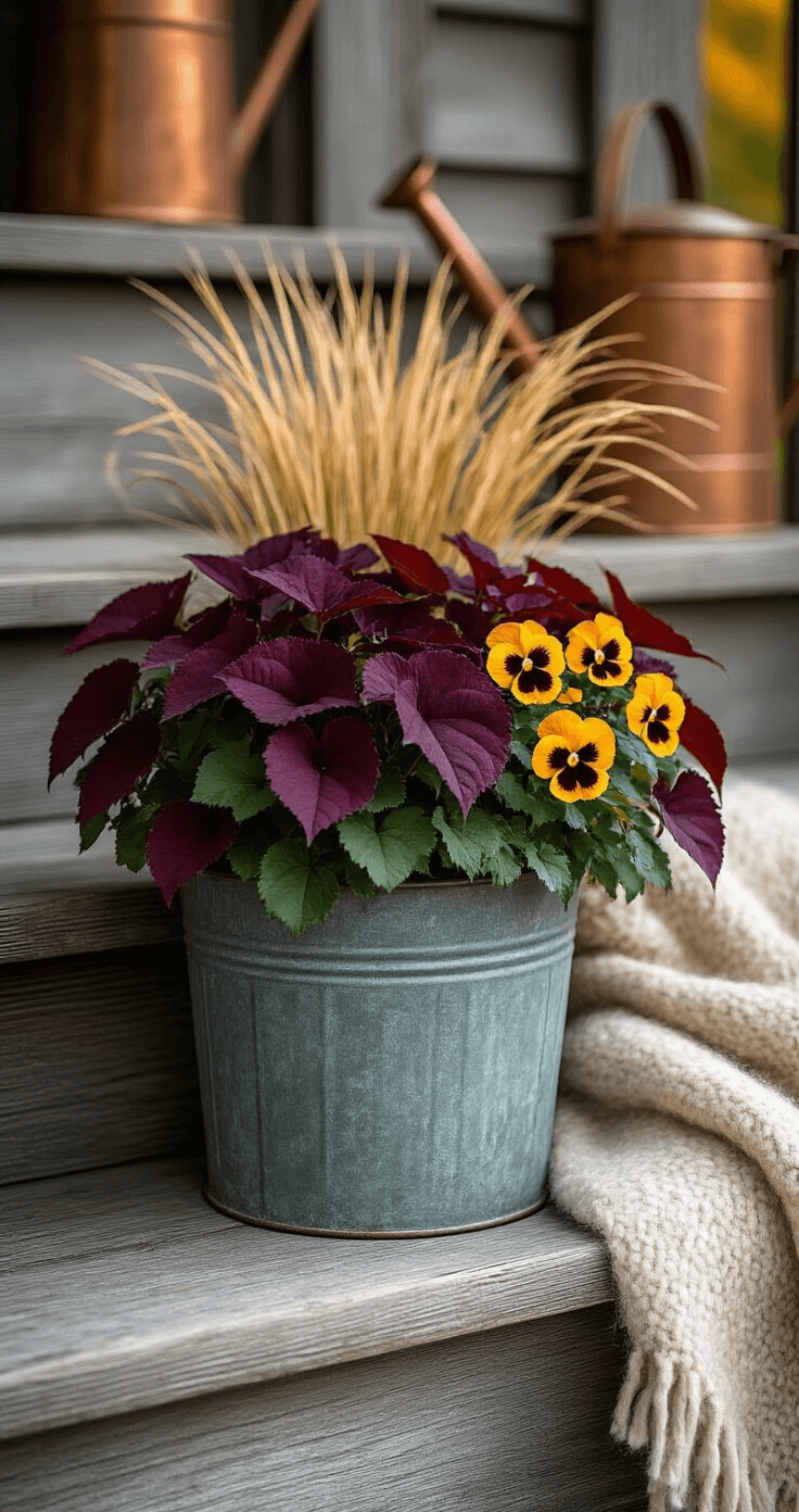 A cozy rustic fall scene on a wooden farmhouse porch step featuring a vintage zinc planter with deep burgundy coral bells, soft golden acorus grass, and delicate antique-toned pansies, complemented by weathered wooden steps, a soft wool throw, and a copper watering can in the background, all bathed in warm diffused autumn light.