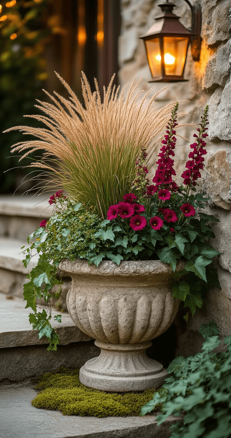 Intimate autumnal scene at a stone cottage entryway featuring a weathered stone planter with Mexican feather grass, burgundy snapdragons, and trailing English ivy, amidst soft moss-covered steps and an aged copper lantern, bathed in warm late afternoon light.