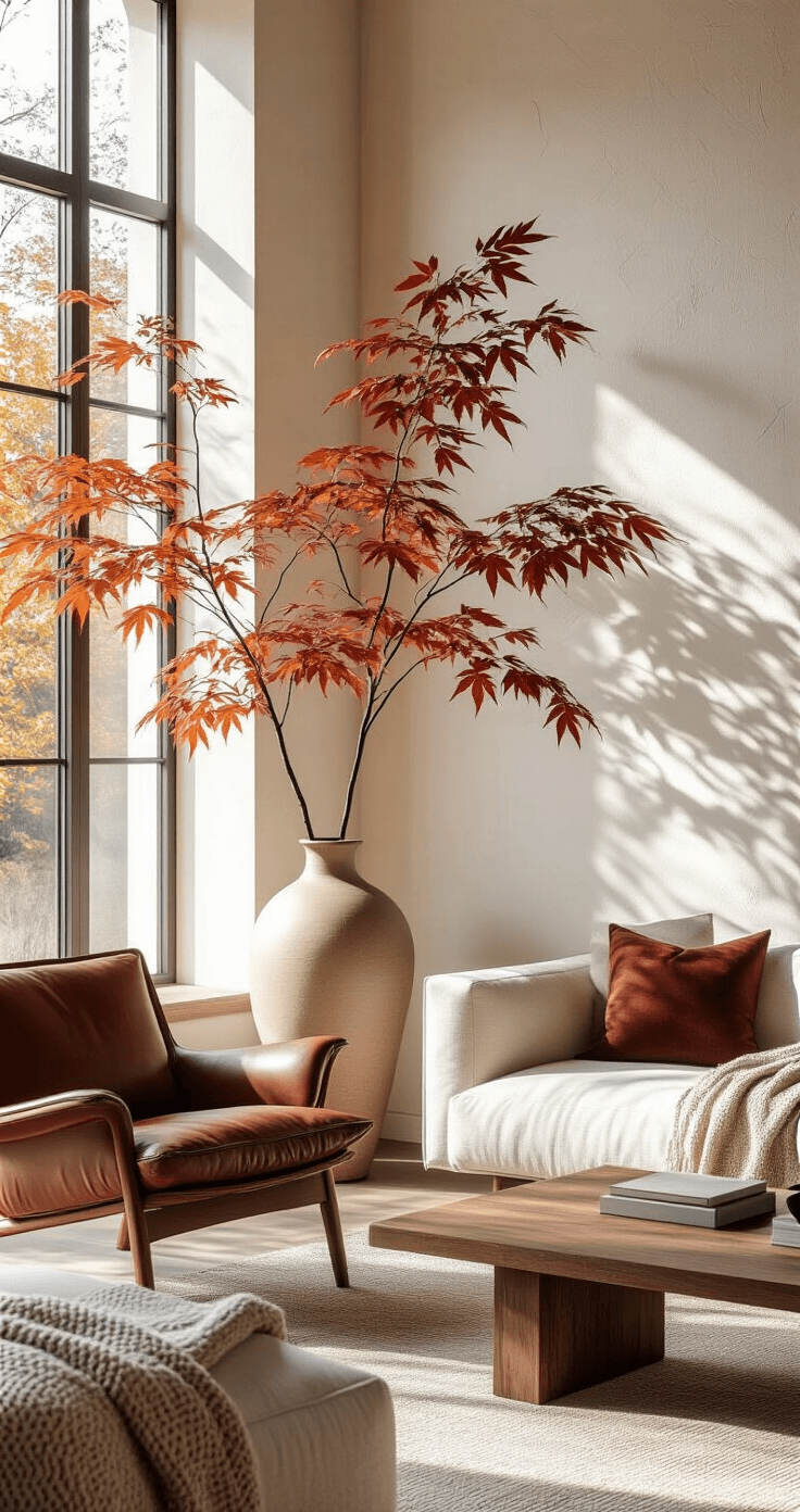 A modern living room bathed in soft autumn afternoon light, featuring a tall ceramic vase with oversized Japanese maple branches against a warm white wall. The scene includes pale linen furniture, a mid-century modern leather armchair with a handwoven wool throw, and a weathered oak coffee table casting intricate leaf shadow patterns. The muted color palette includes burnt sienna, sage green, and cream, captured in a wide-angle shot from a lower perspective.