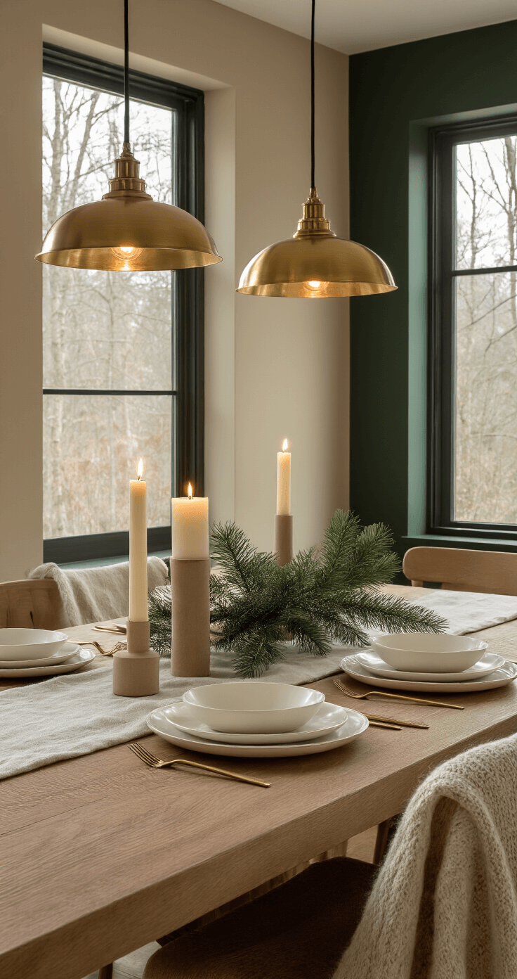 Cozy dining room interior featuring a deep forest green accent wall and warm beige walls, with a natural wood dining table. Golden brass pendant lights illuminate white ceramic plates with subtle gold rims and a minimalist evergreen centerpiece. Soft winter light streams through large windows, highlighting a linen table runner and a wool throw on a nearby chair, all in a sophisticated palette of forest green, beige, gold, and white.