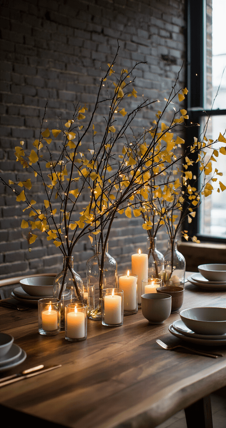 Intimate dining room scene featuring a walnut dining table adorned with a horizontal arrangement of ginkgo, ash, and spicebush branches in yellow and gold, small glass vessels, soft candlelight, and fairy lights. The background showcases an exposed brick wall in deep charcoal tones, complemented by minimalist ceramic dinnerware and copper accents, all captured from an overhead perspective with dramatic low lighting.
