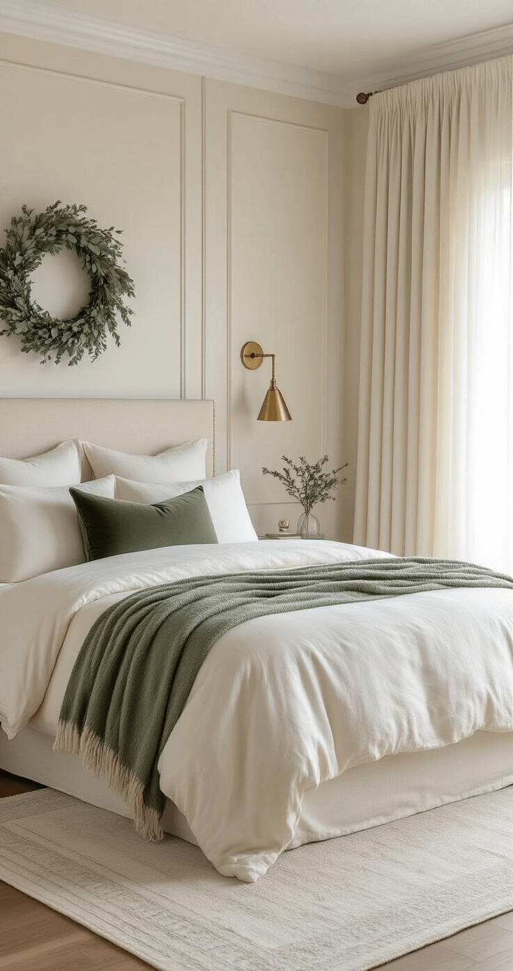 Luxurious bedroom featuring cream walls and soft winter light through sheer ivory curtains, with a king-sized bed adorned in white and cream linens, a sage green velvet throw pillow, brass wall sconces, a minimal eucalyptus and white pine wreath above the headboard, a cashmere throw, and hardwood floors with a cozy area rug, all styled for a restful and sophisticated holiday atmosphere.