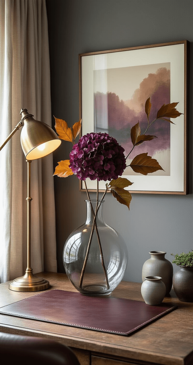 Moody home office corner featuring a dramatic oakleaf hydrangea branch in deep purple-burgundy tones in a clear glass vase, a vintage brass desk lamp illuminating a weathered leather desk blotter, abstract art in autumn colors on a textured wall, soft morning light through linen curtains, scattered ceramic vessels, and slate gray walls, emphasizing a sophisticated color palette and the branch’s intricate texture.