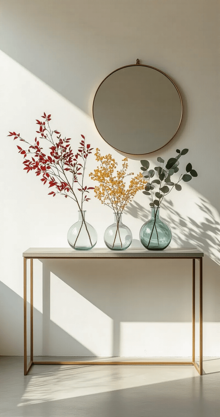Minimalist entryway with a slim console table holding three clear glass bud vases containing deep red maple, golden yellow ash, and blue-green eucalyptus branches, set against a white plaster wall and concrete floor, with a large round brass-framed mirror reflecting the arrangement and soft side lighting creating intricate branch shadows.