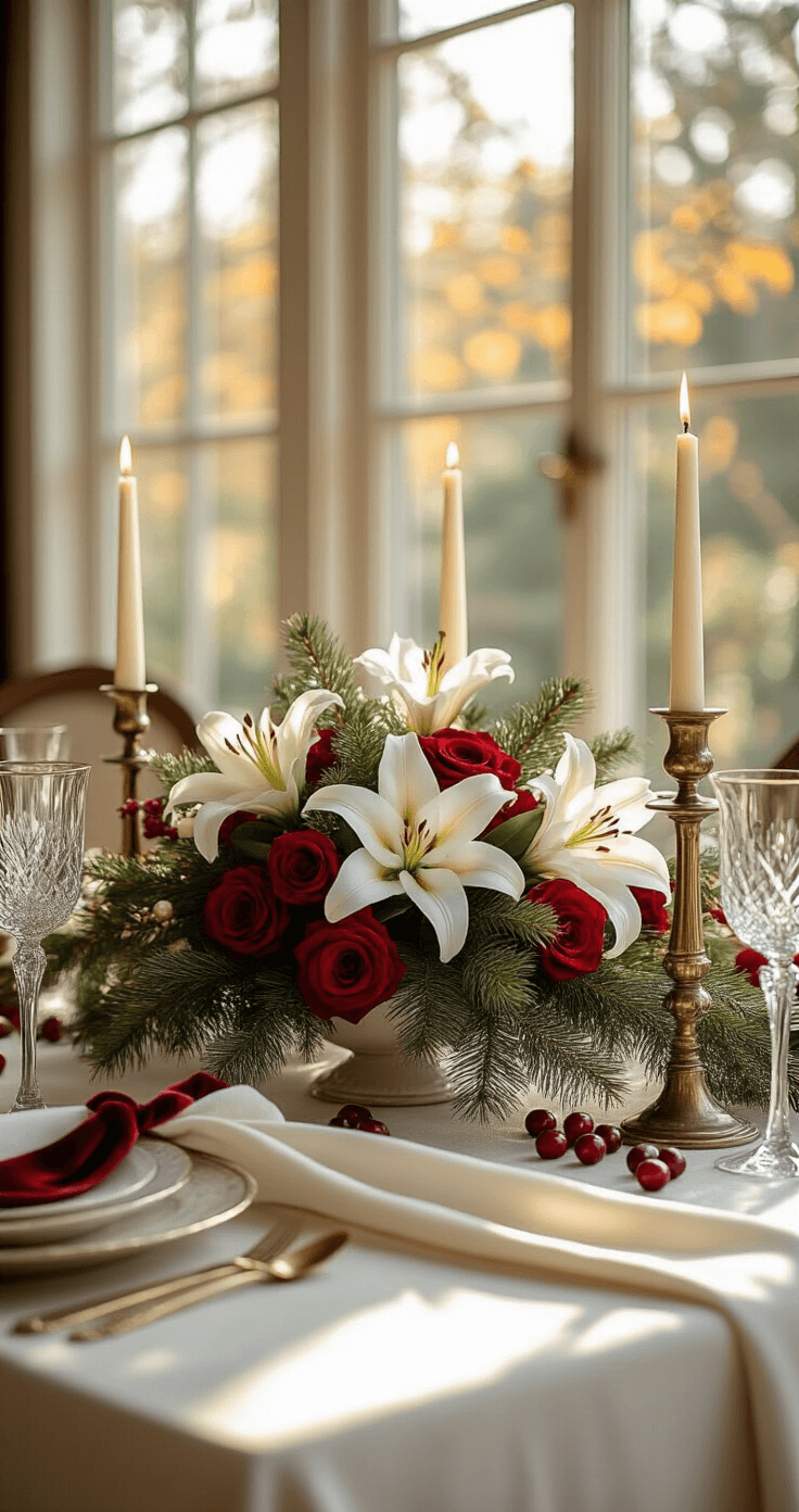 Luxurious dining room featuring a meticulously styled Christmas table, adorned with a stunning centerpiece of white lilies, red roses, and pine branches on a crisp white linen tablecloth, illuminated by soft golden afternoon light. Close-up view highlights velvet ribbon, scattered cranberries, and elegant silver taper candles in antique brass holders, creating a warm and intimate atmosphere with rich textures and soft shadows.