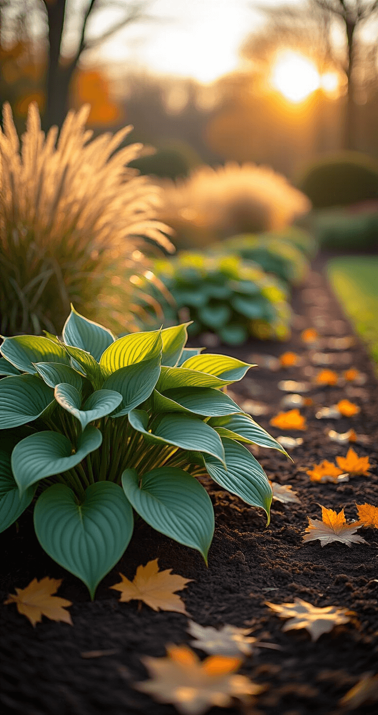 A low-angle view of an autumn garden showcasing dormant hostas surrounded by scattered fallen leaves, illuminated by golden late afternoon sunlight, with rich dark soil and soft-focus ornamental grasses and trees in the background.