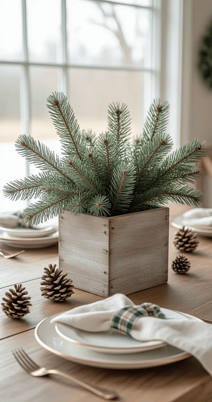A rustic farmhouse dining table adorned with a minimalist Christmas centerpiece of fresh cedar branches in a weathered wooden container, lightly dusted with artificial snow, surrounded by simple white ceramic plates with gold rims, linen napkins tied with plaid ribbon, scattered pinecones, and muted earth tones of sage green and warm wood, all enhanced by soft natural daylight.