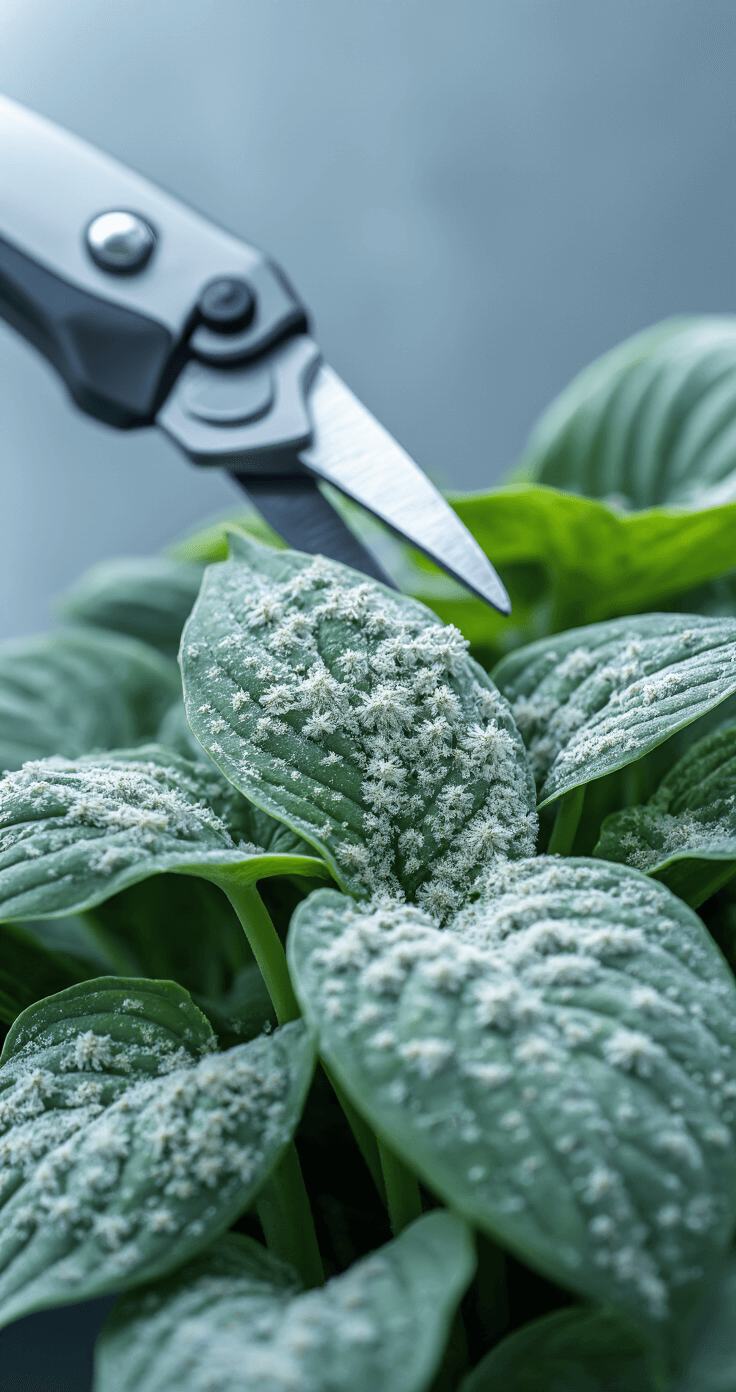 Close-up of a hosta leaf affected by powdery mildew, showcasing pale gray-white patches, with sterilized pruning shears and a rubbing alcohol bottle nearby. The scene is illuminated with stark clinical lighting, emphasizing the detailed textures of the diseased leaf and intricate fungal spore structures in a cool blue-gray color scheme. The macro photography captures a shallow depth of field, focusing on the textures of the affected leaf.