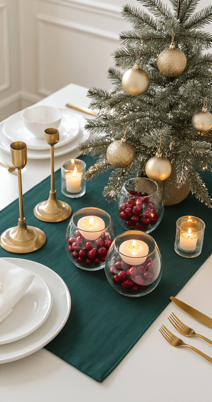 Intimate modern dining nook with Christmas decor, featuring a small artificial tree with metallic ornaments, floating tea lights in glass vessels filled with cranberries, deep emerald green table runner, brass candlesticks, and minimalist white porcelain place settings, all under warm tungsten lighting.