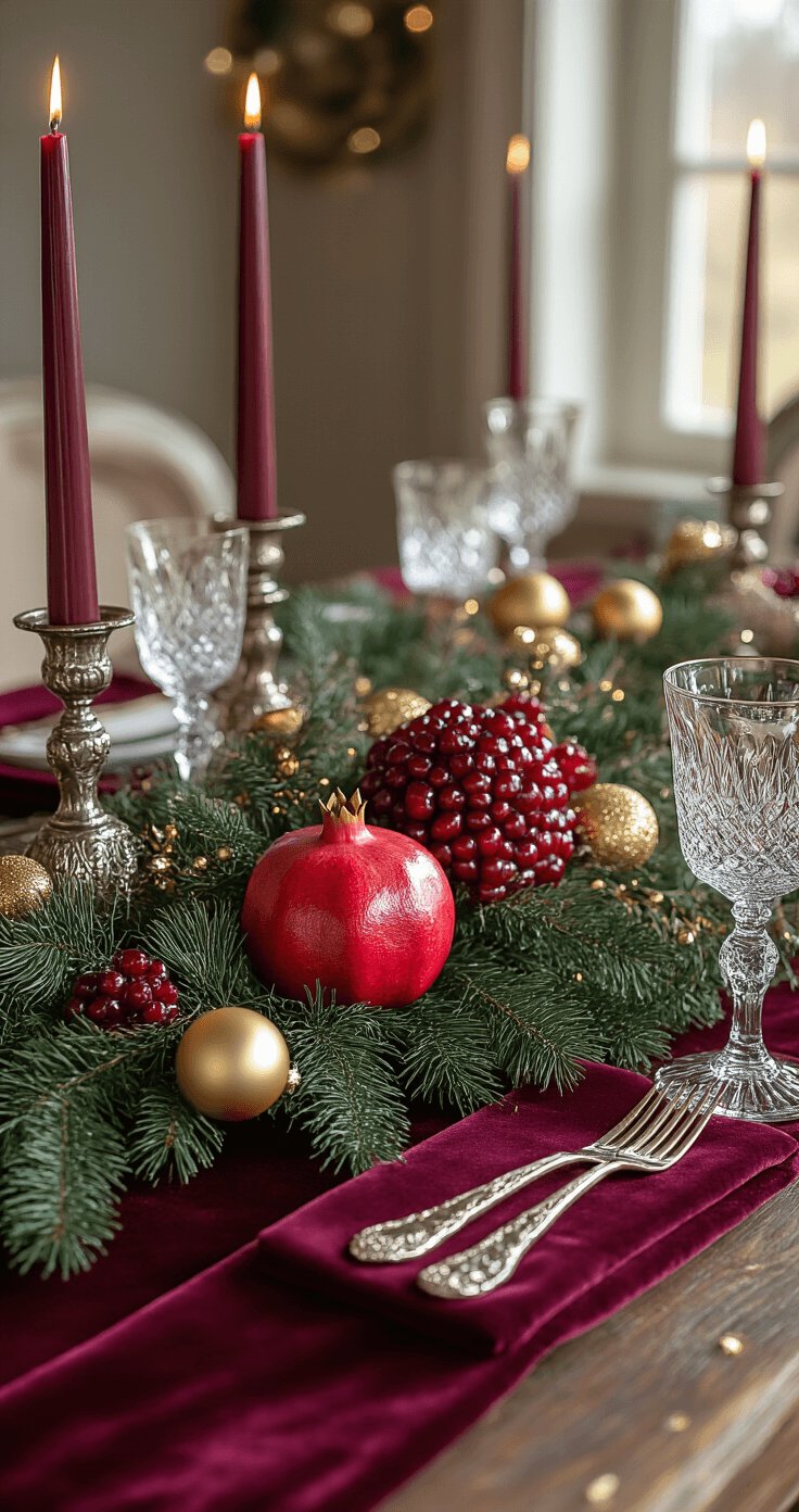 Dramatic holiday table setting with a pomegranate and evergreen centerpiece on a burgundy velvet runner, accented by crystal and gold flatware, tall taper candles in antique silver holders, and scattered gold ornaments, all illuminated by warm late afternoon light.