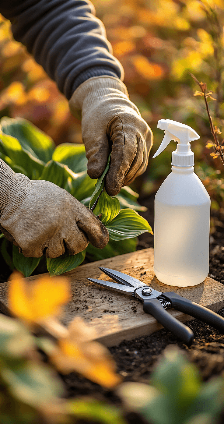 Close-up of hands in weathered leather gardening gloves pruning hosta stems in a serene garden, with a spray bottle of rubbing alcohol and sharp bypass pruners on a work surface, set against a blurred backdrop of autumn foliage in warm golden hour light.